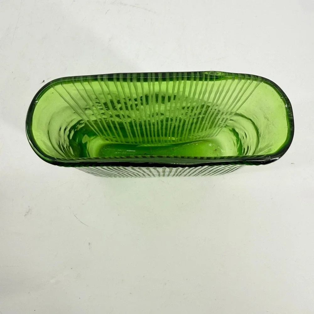 Art Glass Vase Decorative Vase Green Ribbed Hand Blown Slim Rectangular Fluted